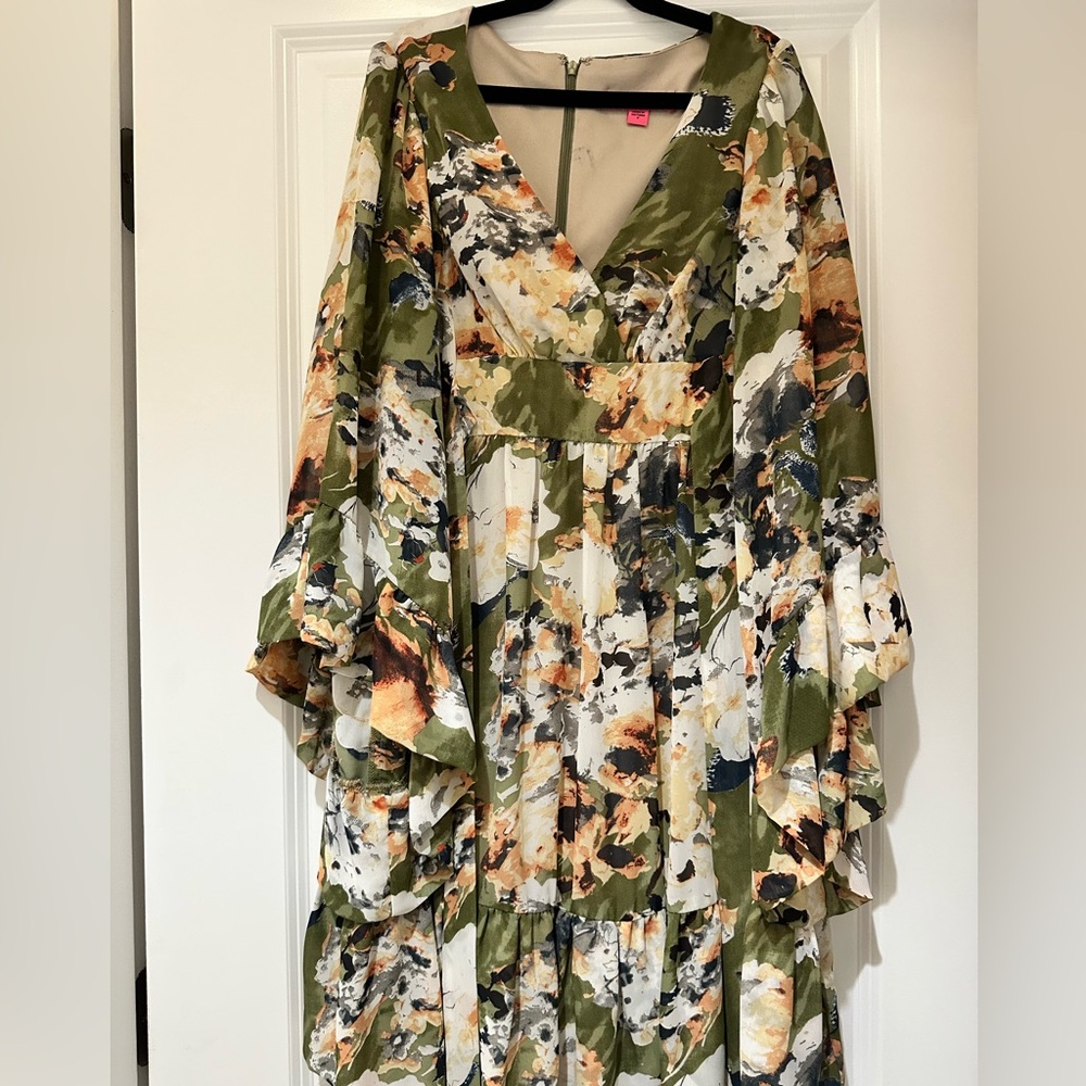 Betsey Johnson Olive, Peach and Black Floral Dress  Size 2